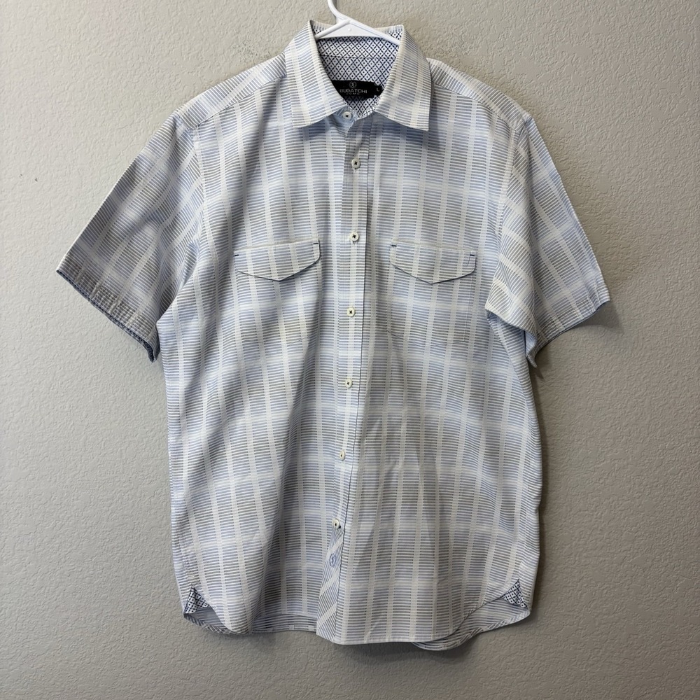 Bugatchi Men's Miles Oooh Cotton Short Sleeve Button Up Size Large L Blue Gray